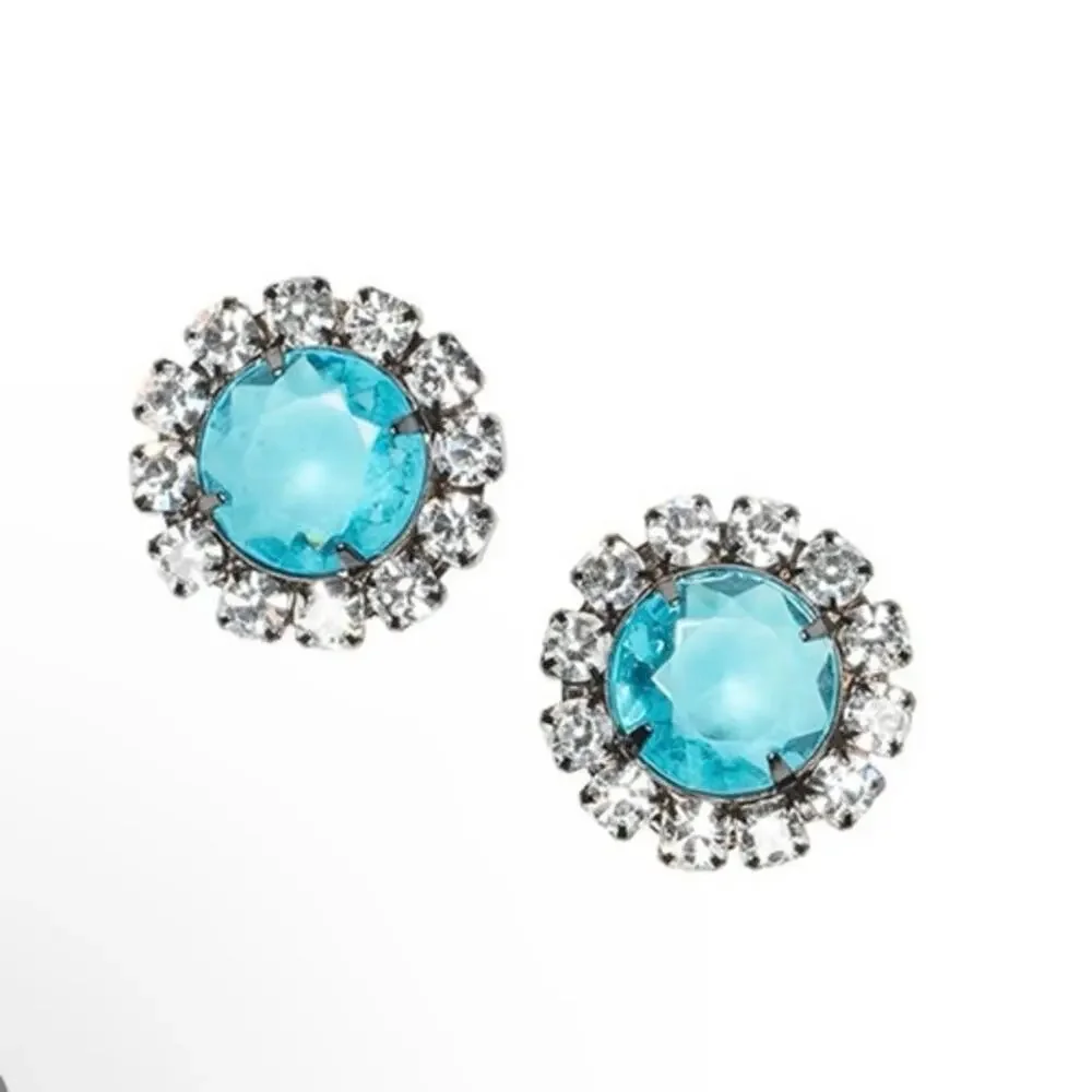 Kenneth Jay Lane Vintage Aquamarine Color Button Clip Gunmetal Earrings - Picture 8 of 12